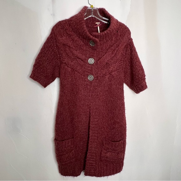 Free People Sweaters - Free People Womens Long Cardigan Sweater Chunky Knit Red Short Sleeve Size Small